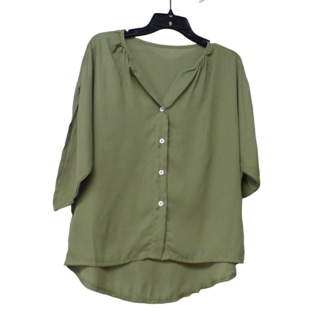 Shein Women’s Button Down Chiffon Blouse,S, Olive